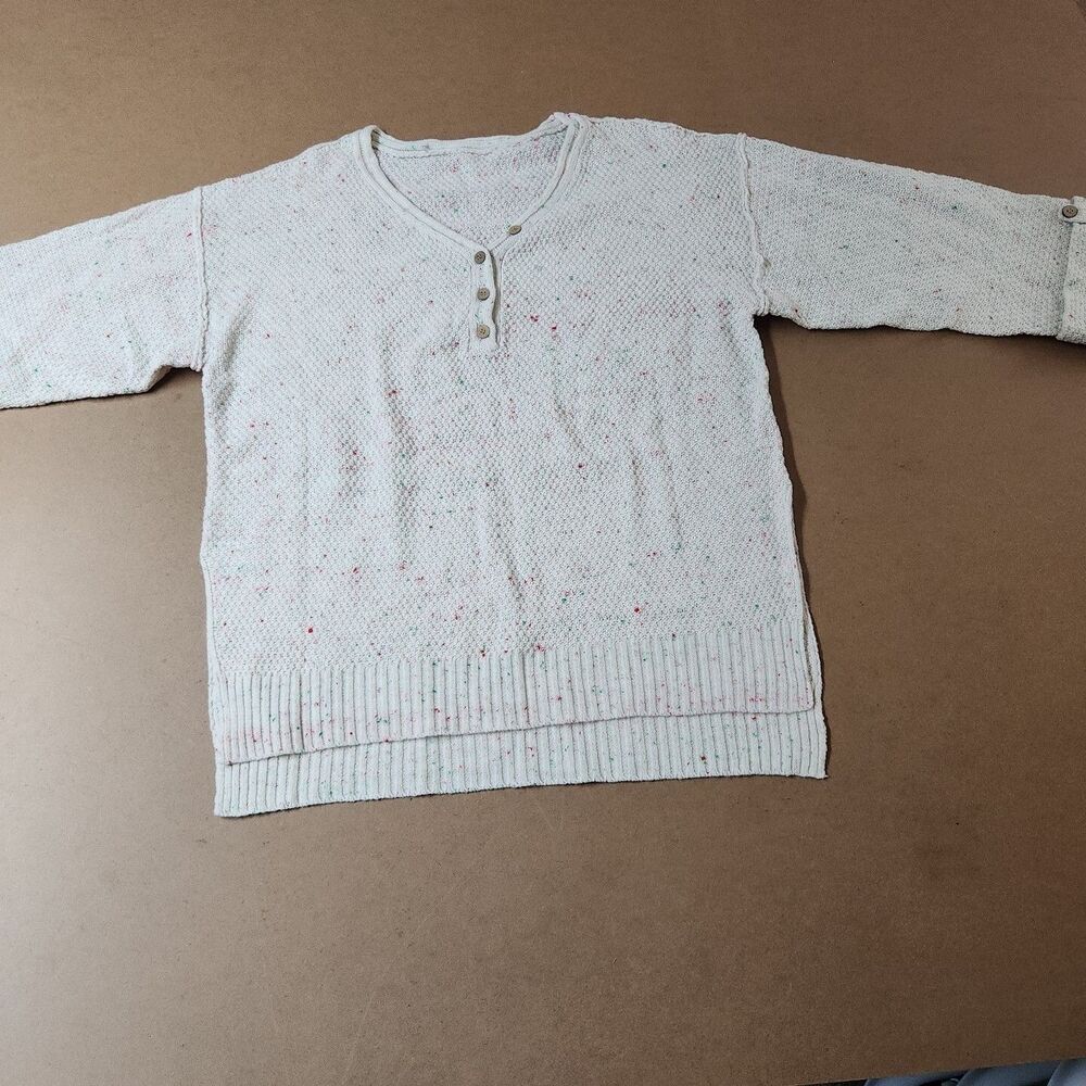 Confetti Sweater Womens Speckled Knit Henley M White Green Red Warm Cottagecore